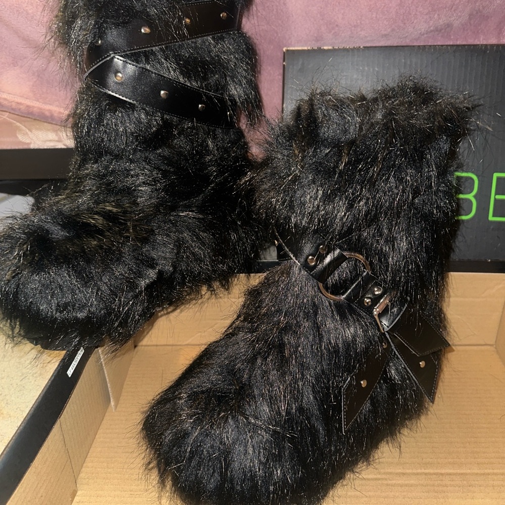 Dolls Kill Black Faux Fur Boots